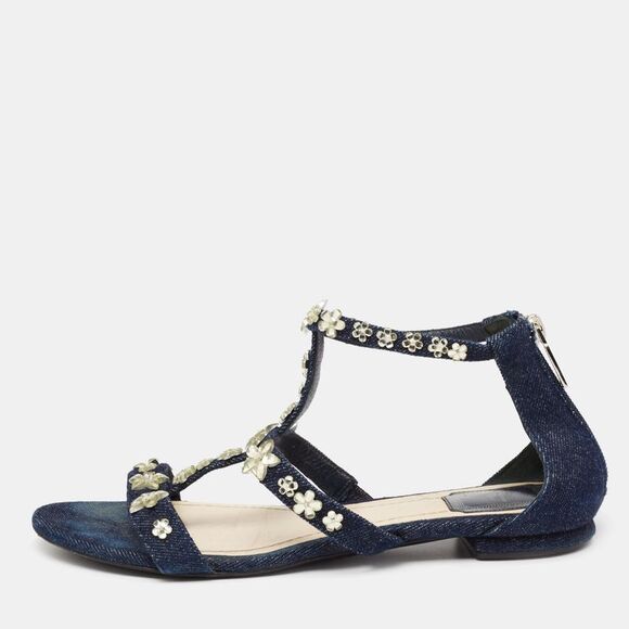 Dior Blue Denim Jewel Embellished Strappy Flat Sandals Size 38.5 - Picture 1 of 4